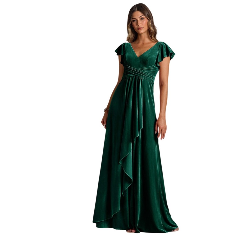 Azazie Omari Emerald Green Velvet Maxi Dress Flutter Sleeve V-Neck Size A10 NEW